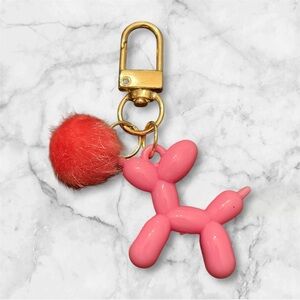 Pink Balloon Dog Keychain with Pom Pom